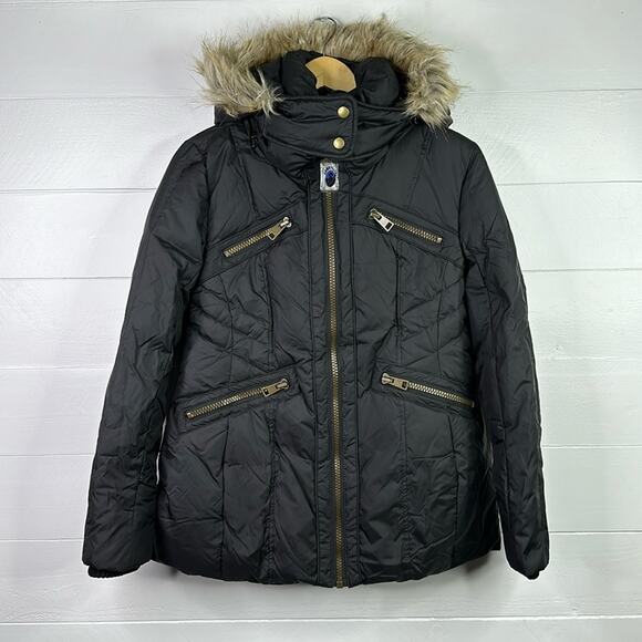 METAPHOR Black Polyester Puffer Faux Fur Hood Lined Jacket Coat‎ Size Small - Picture 1 of 13